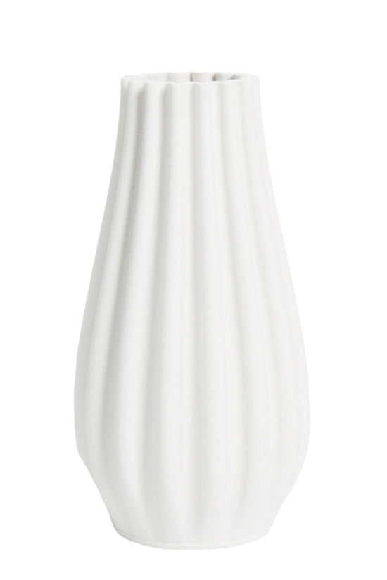 Steffi vase in white ceramic, tall fluted ribs tapering to a narrow crimped neck