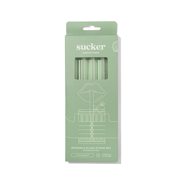 Sucker's Reusable Glass Smoothie Straws - Transparent / Multi-coloured set is packaged in a durable box.