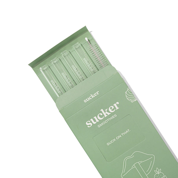Sustainable Reusable Glass Smoothie Straws by Sucker in a green packaging.
