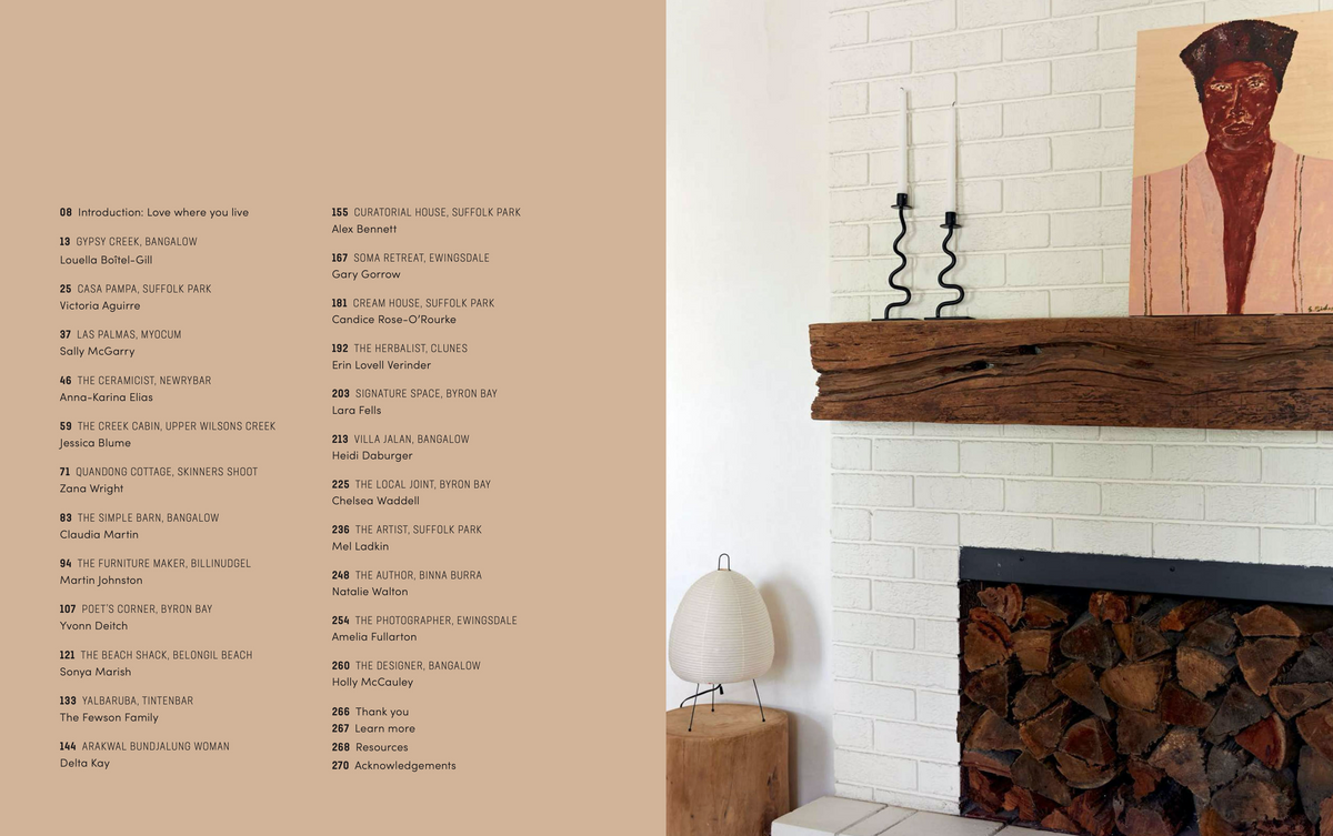 An image of a fireplace adorned with a painting, showcasing the creative community and "Home By The Sea" interiors book of Byron Bay from Books brand.
