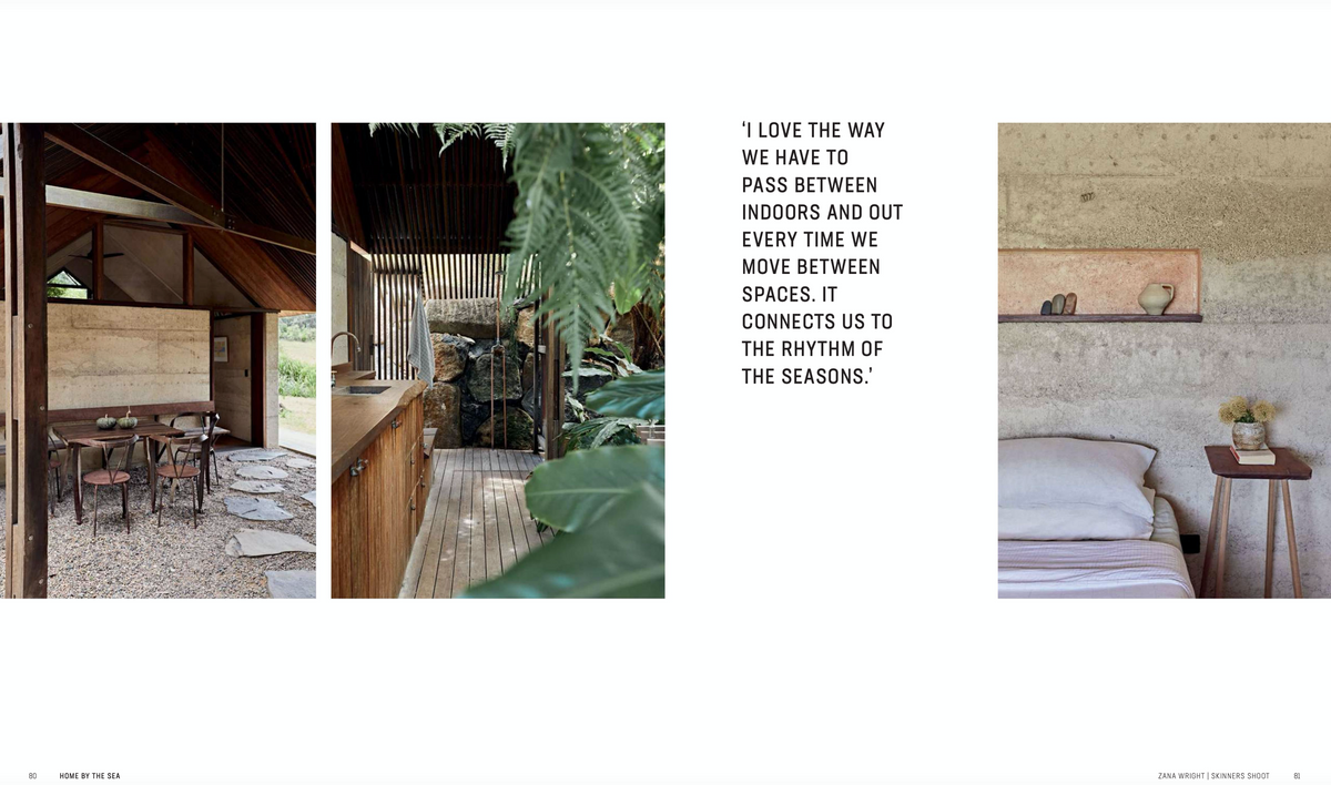 The interior of a Home By The Sea creative community room in Byron Bay with a bed and a bedside table designed by Books.