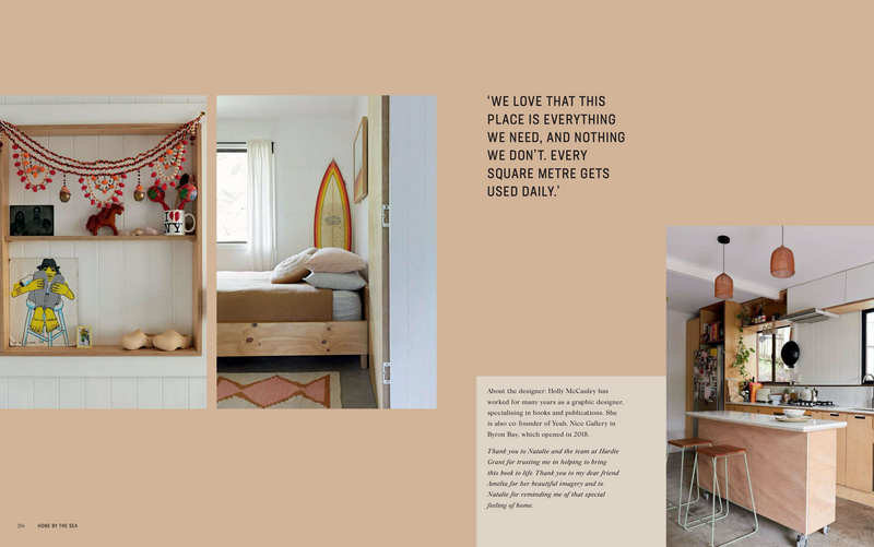 A creatively designed page from a Home By The Sea magazine showcasing a kitchen and living room.