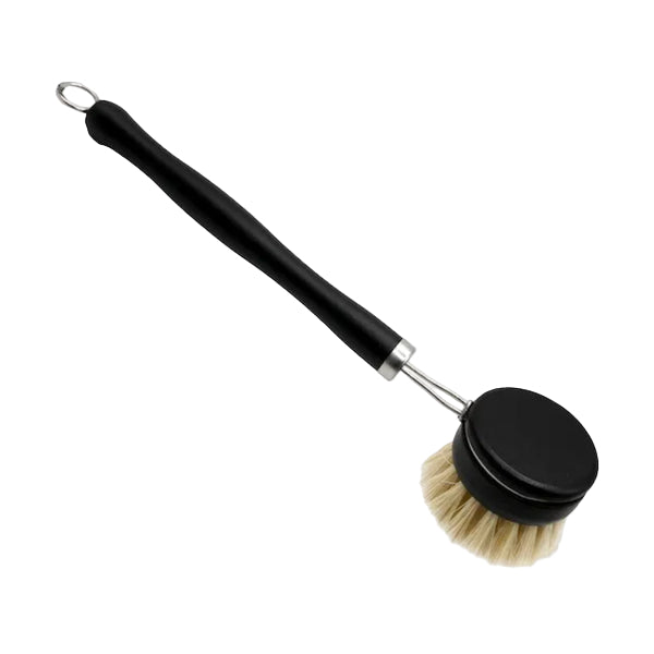Black wooden dish brush with natural sisal bristles on a white background
