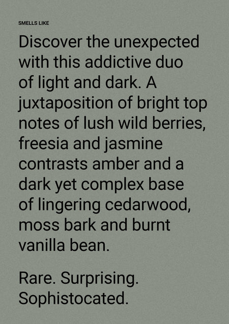 Amber & Freesia scent story card describing freesia, jasmine, amber, cedarwood and moss