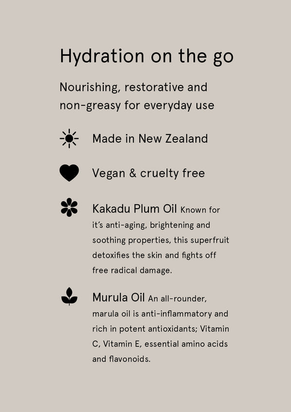 Product card headed Hydration on the go, listing made in New Zealand, vegan, Kakadu plum and marula oils