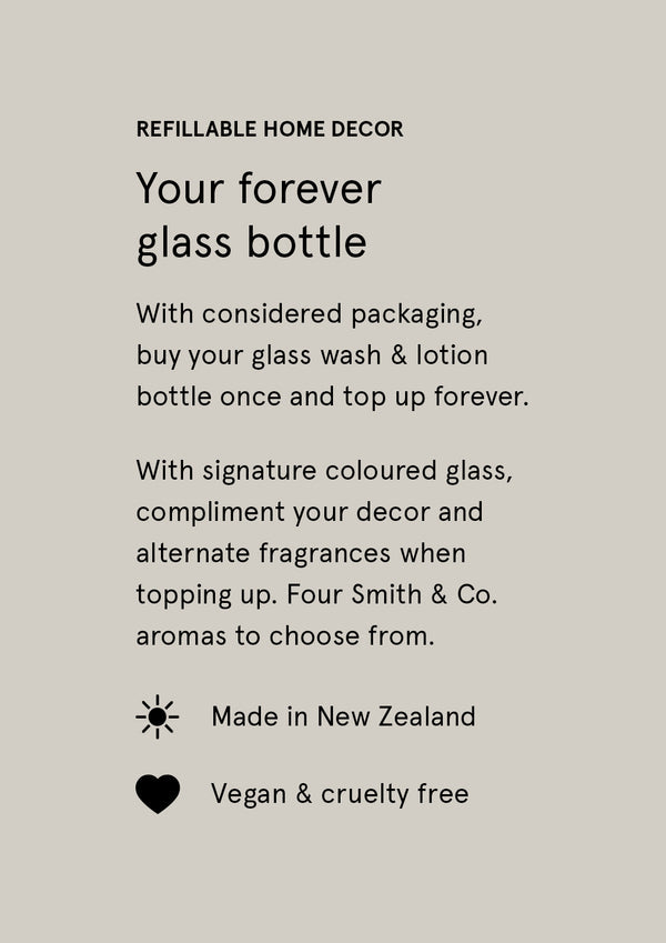Panel about the refillable glass bottle, noting made in New Zealand, vegan and cruelty free