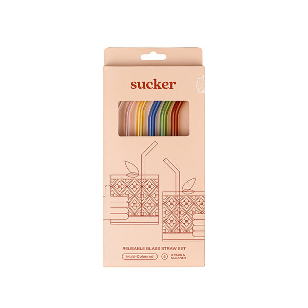 Sustainable Sucker glass straws in a packaging with a rainbow of colors, perfect to elevate your beverages.