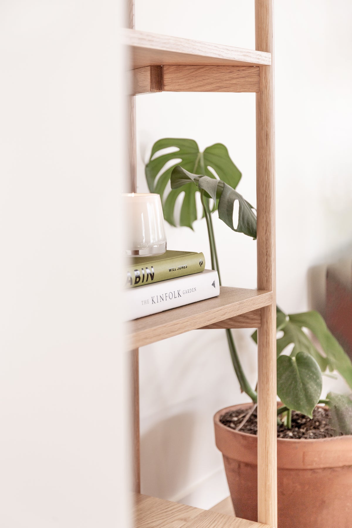 Therapy candle on an oak shelving unit beside a monstera plant