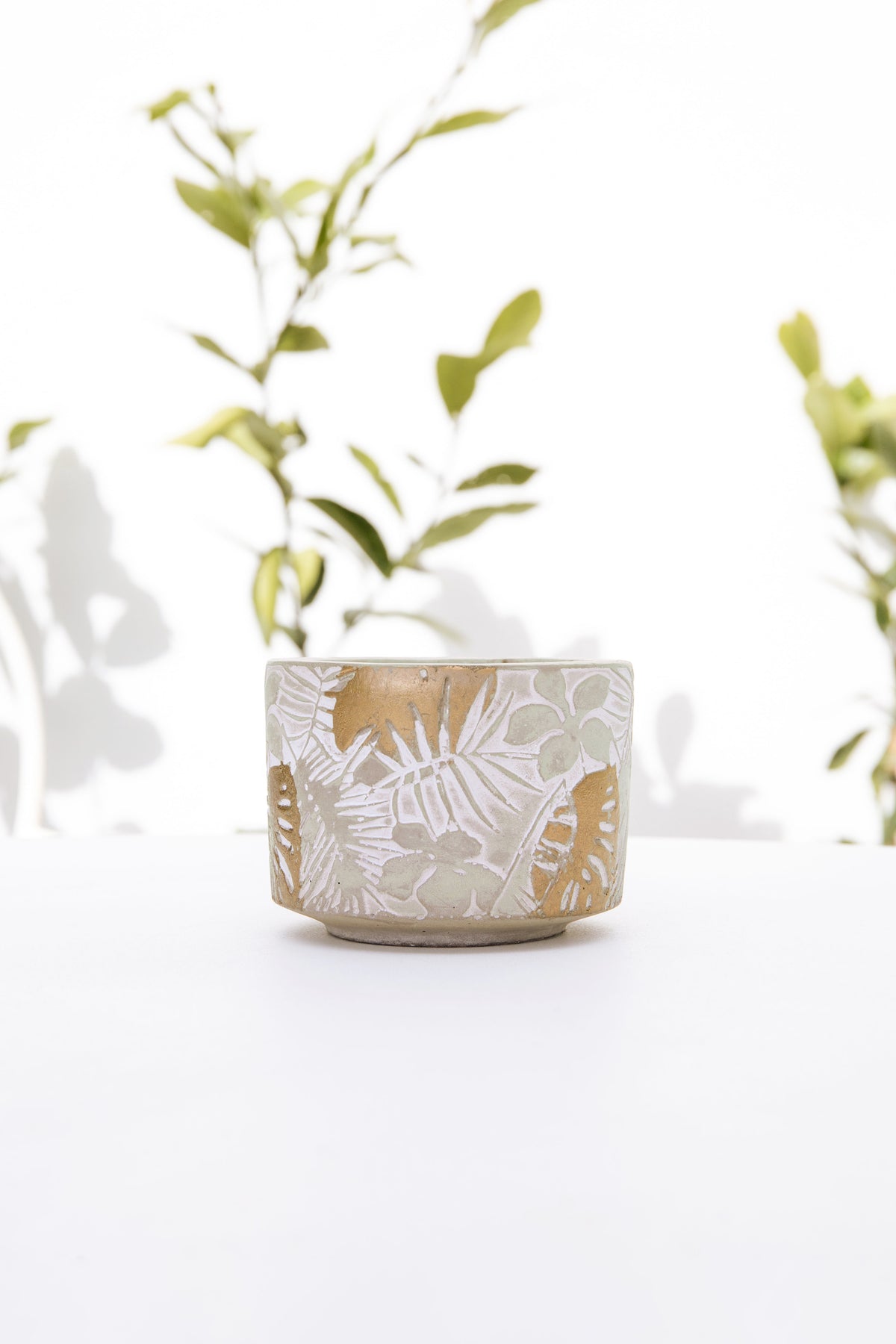 Unlit outdoor candle on a white table with leafy branches and their shadows on a white wall