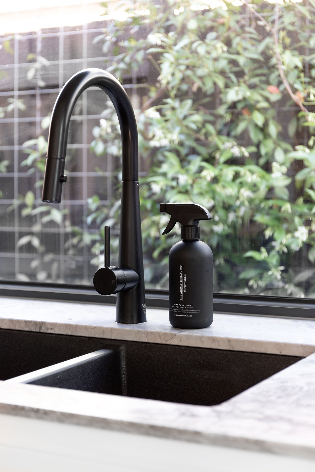 Black surface spray beside a matte black tap at a sink, with green foliage through the window