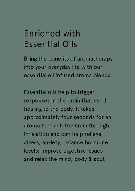 Enriched with Essential Oils supplier card with dark text on sage green