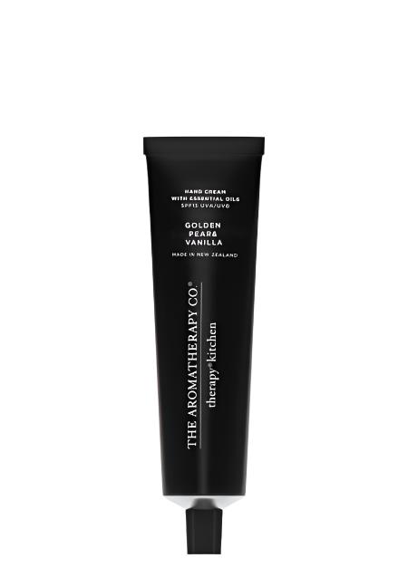 Therapy Kitchen Golden Pear & Vanilla hand cream in a black tube on a white background
