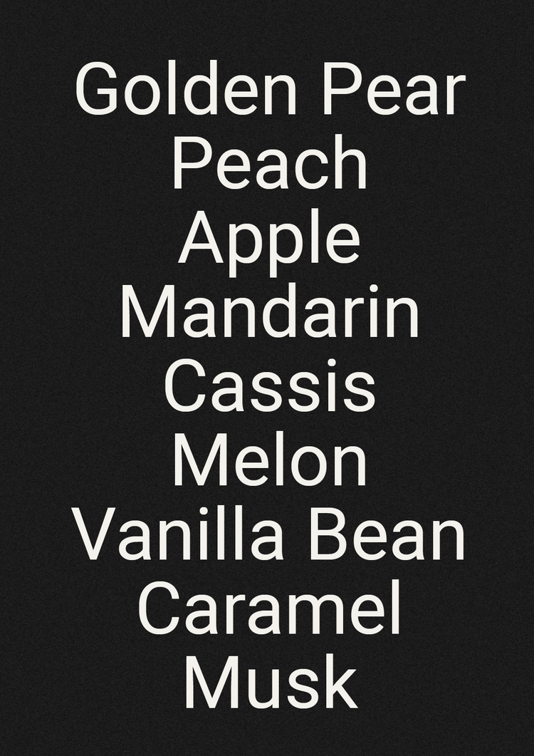 Black card listing the fragrance notes of Golden Pear & Vanilla in white text