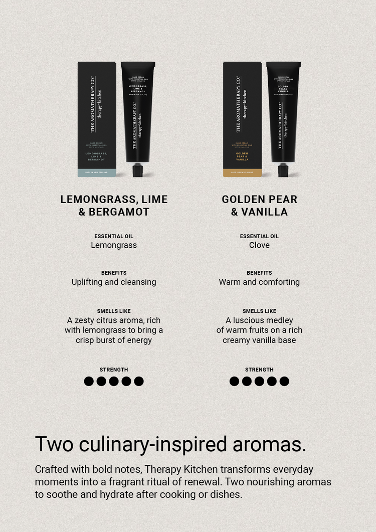 Comparison card for the two Therapy Kitchen hand creams, Lemongrass Lime & Bergamot and Golden Pear & Vanilla