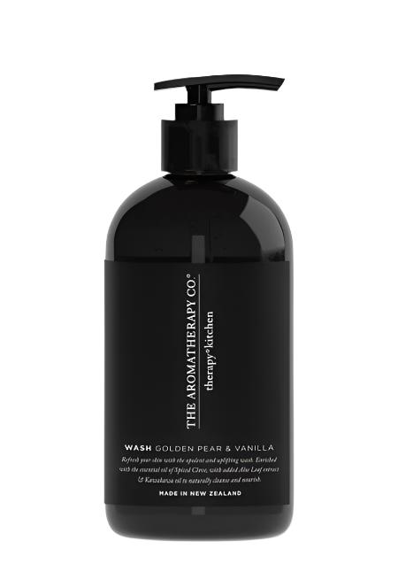 Therapy Kitchen Golden Pear and Vanilla hand wash in a black pump bottle on a white background