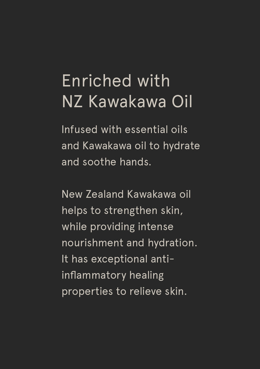 Enriched with NZ Kawakawa Oil supplier card with white text on charcoal