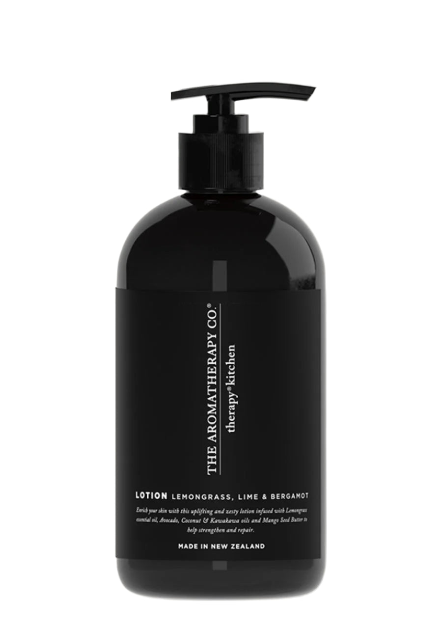 Therapy Kitchen Lemongrass, Lime & Bergamot hand and body lotion in a black pump bottle on white