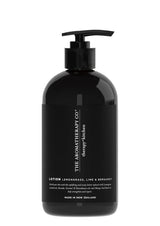 Black lotion bottle with pump from The Aromatherapy Company on a white background