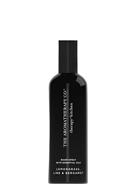 Therapy Kitchen Lemongrass, Lime & Bergamot room spray in a slim black bottle on a white background