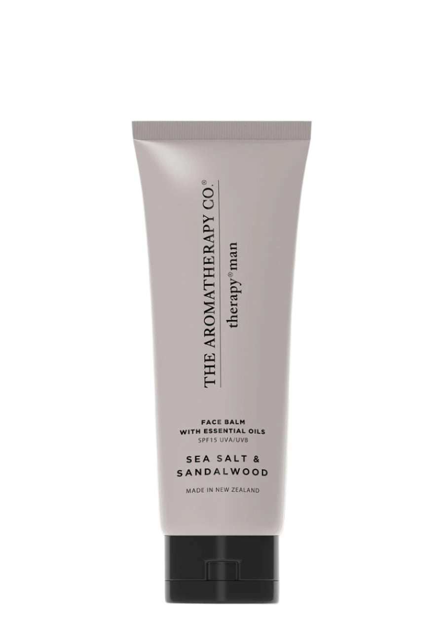 Therapy Man Sea Salt & Sandalwood face balm in a grey tube with a black cap, on white