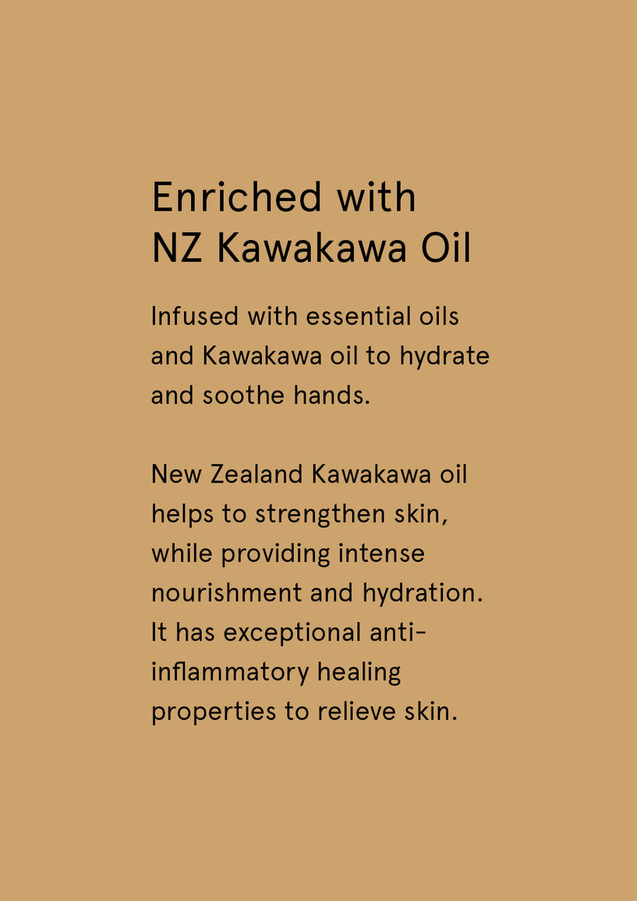 Enriched with NZ Kawakawa Oil supplier card with dark text on caramel