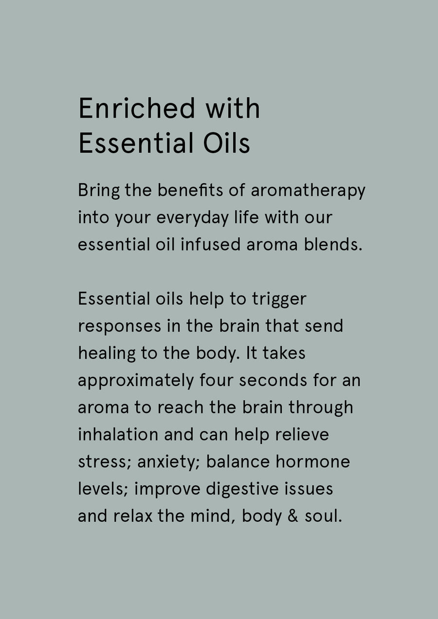Enriched with Essential Oils supplier card with white text on a sage grey background