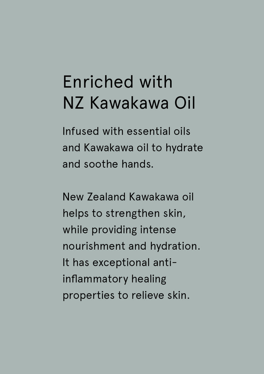 Enriched with NZ Kawakawa Oil supplier card with dark text on sage grey