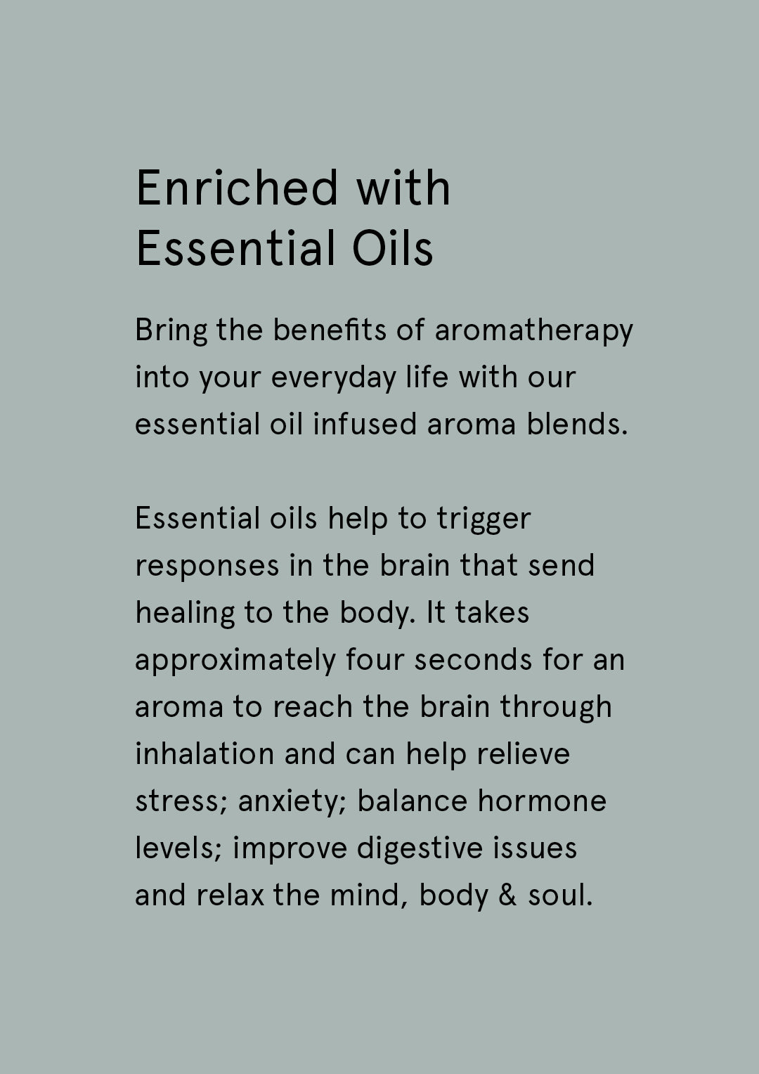 Enriched with Essential Oils supplier card with dark text on sage grey