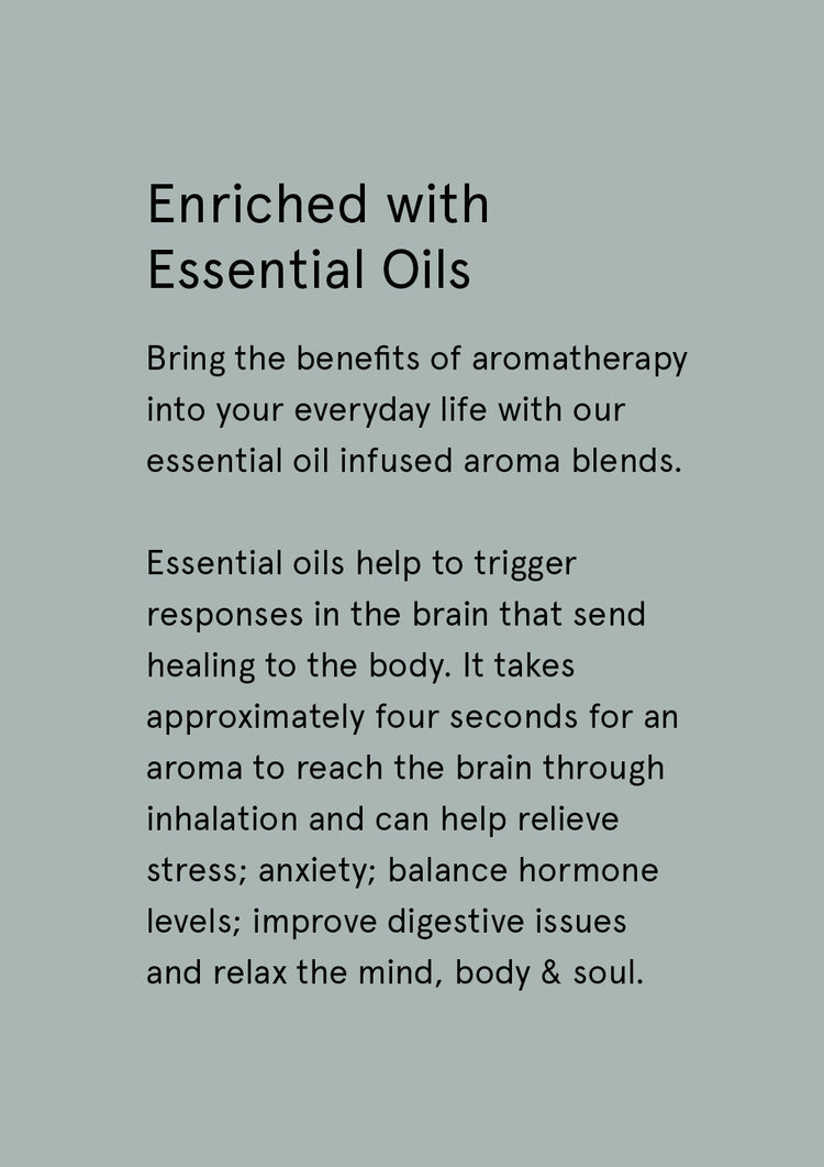 Enriched with Essential Oils supplier card with dark text on sage grey