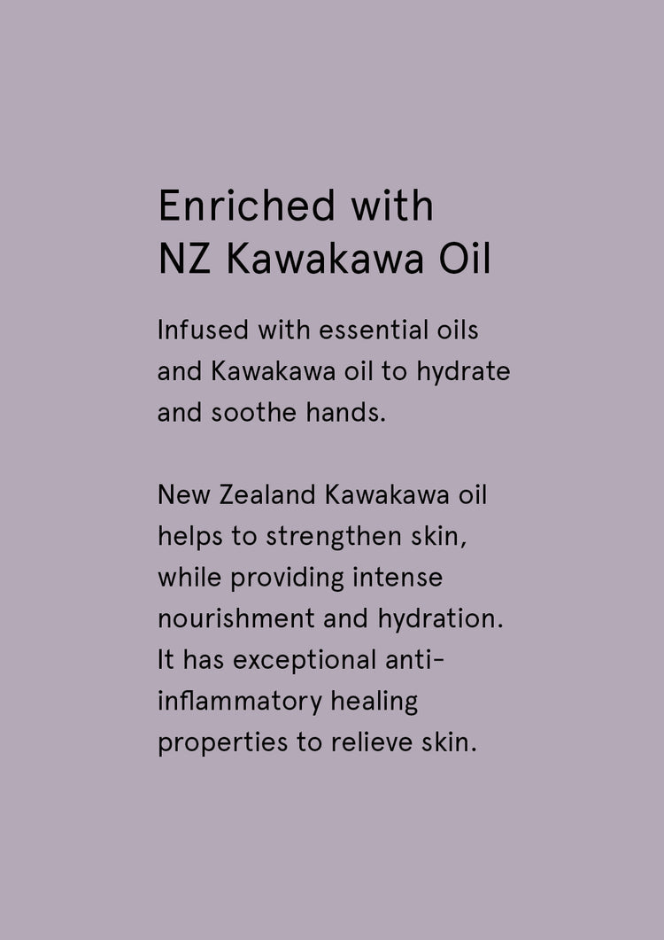 Enriched with NZ Kawakawa Oil supplier card with dark text on lilac grey