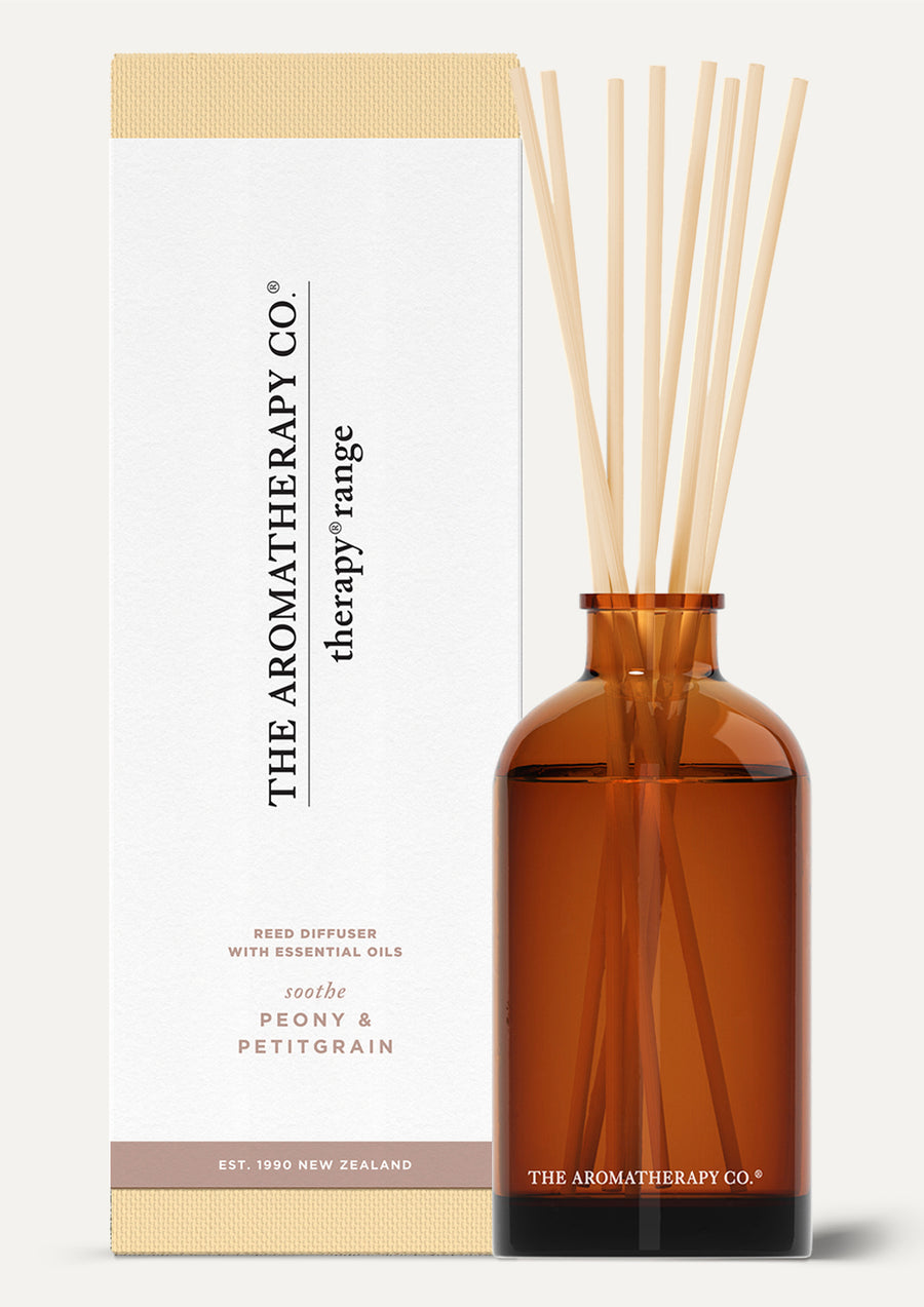 Therapy Peony & Petitgrain diffuser beside its cream and dusky pink box