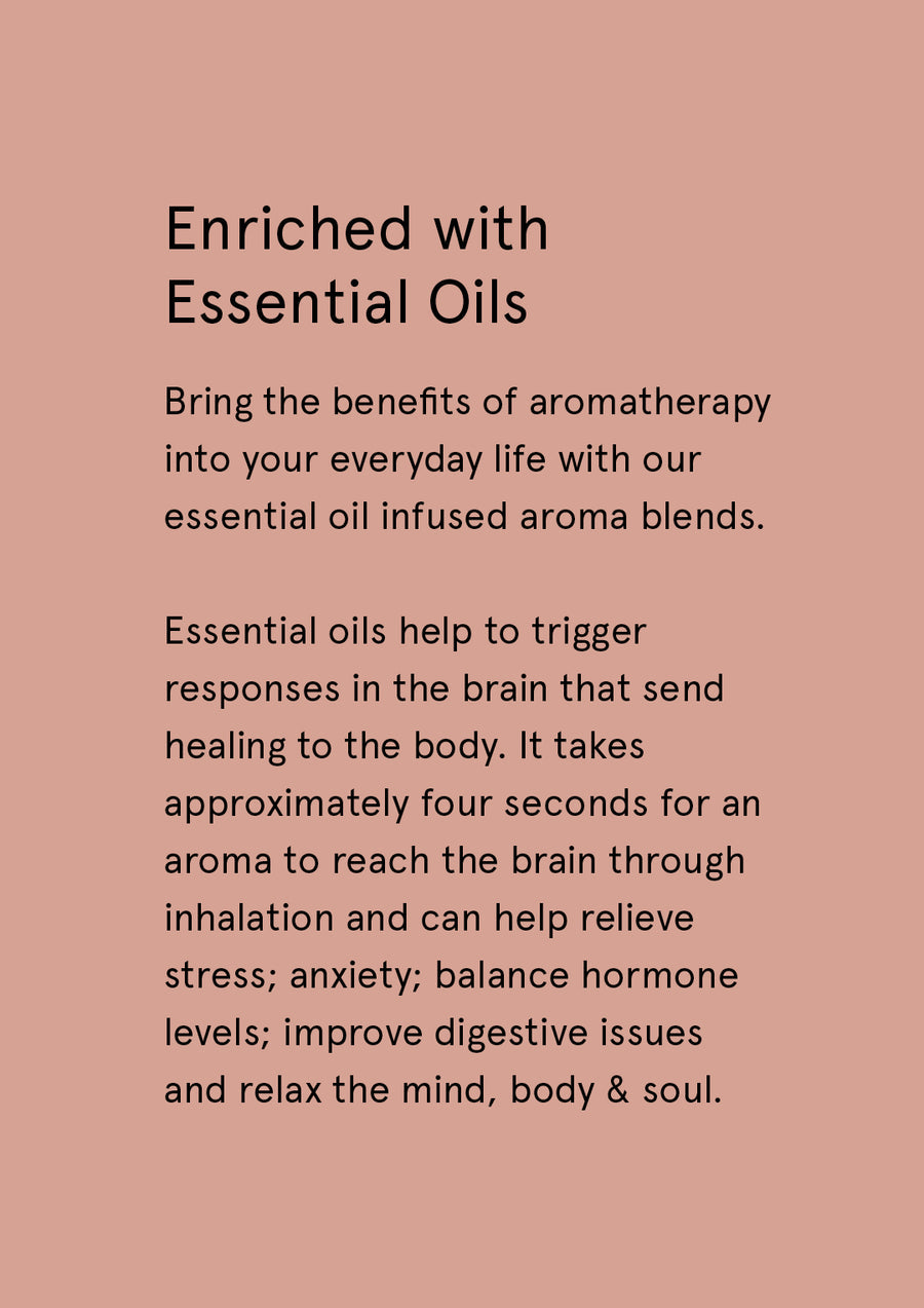 Dusky pink text card from The Aromatherapy Co describing its essential oil blends