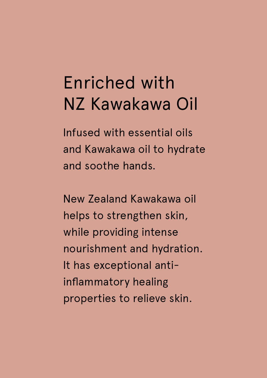 Enriched with NZ Kawakawa Oil supplier card with dark text on dusty pink