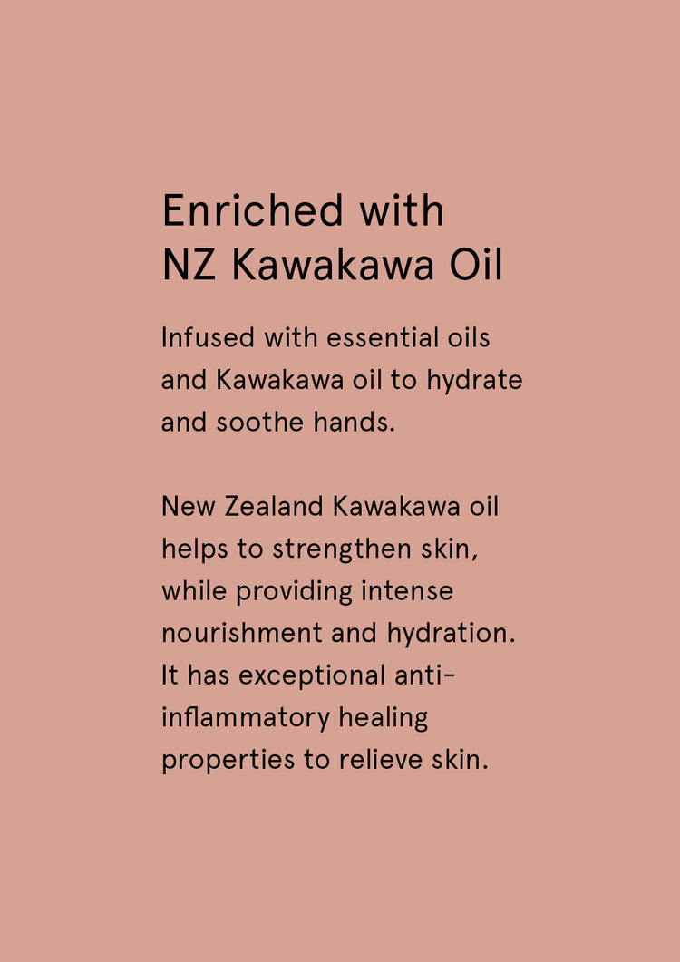 Enriched with NZ Kawakawa Oil supplier card with dark text on dusty pink