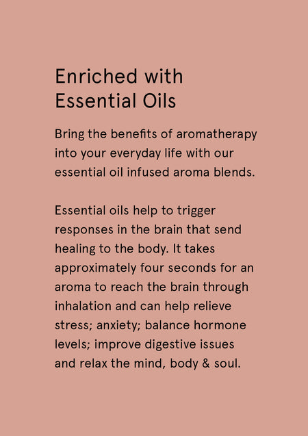 Enriched with Essential Oils supplier card with dark text on dusty pink