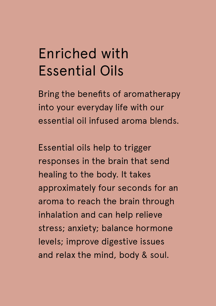 Enriched with Essential Oils supplier card with dark text on dusty pink