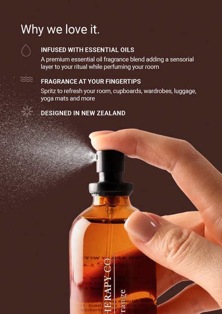 Why we love it feature card above a hand pressing the amber room spray nozzle