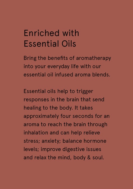 Enriched with Essential Oils supplier card with white text on terracotta