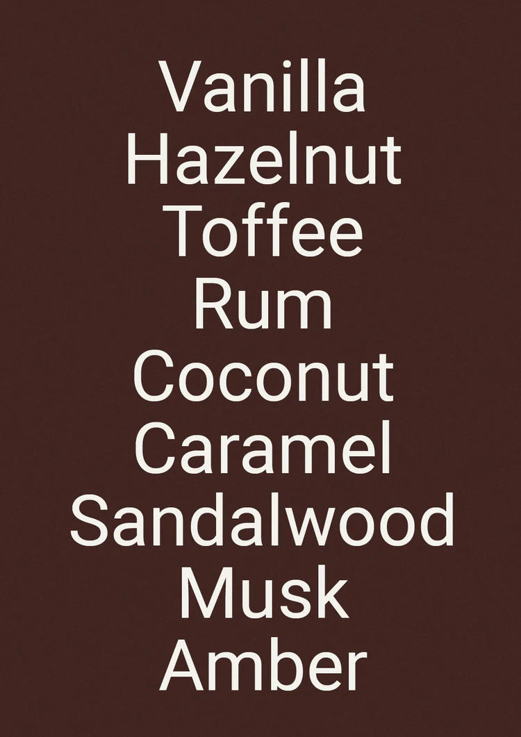 Chocolate brown card listing the fragrance notes of Vanille & Hazelnut Ambre in white text