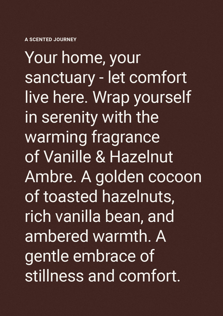 Chocolate brown fragrance description card for Vanille & Hazelnut Ambre