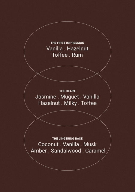 Fragrance notes card for Vanille & Hazelnut Ambre showing top, heart and base notes in circles