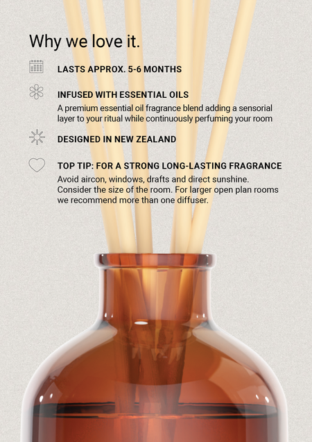 Why we love it feature card above a close crop of the amber diffuser neck and reeds