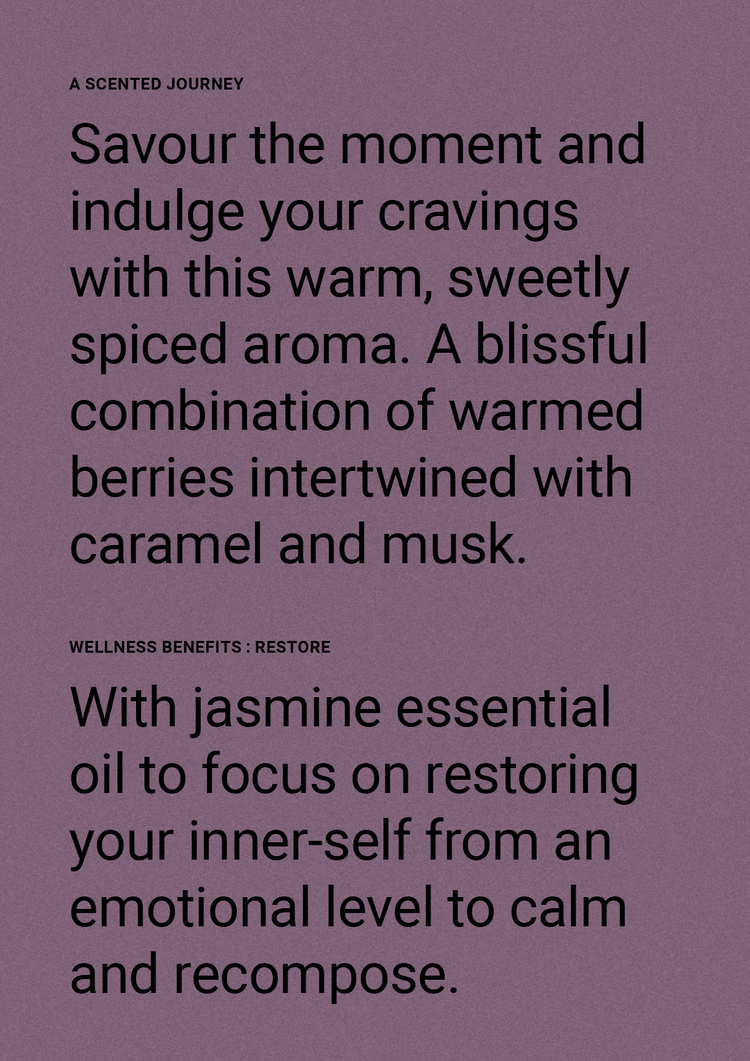 Plum coloured fragrance description card for the Wild Berry & Jasmine hand cream