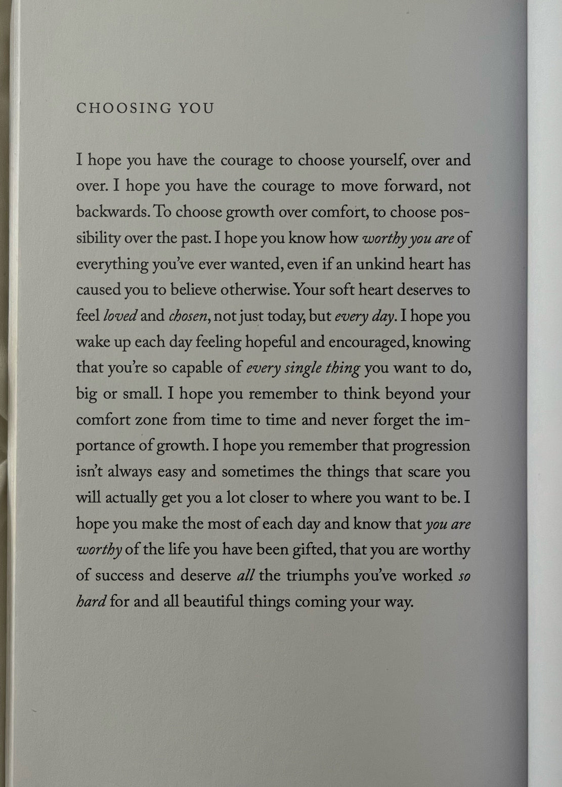 An open book with a quote about choosing you from "This Was Meant To Find You (When You Needed It Most)" by Thought Catalog.