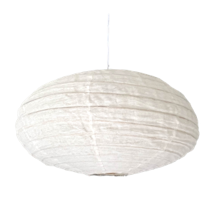 Oval white linen pendant light shade, 60cm wide, with soft horizontal ribs on a white background