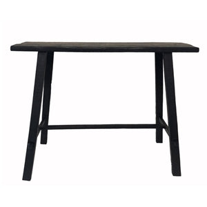 Reclaimed teak console table in black with splayed legs, on a plain background