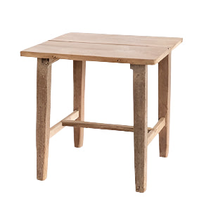 Teak bedside table in natural timber, a plank top on four braced legs