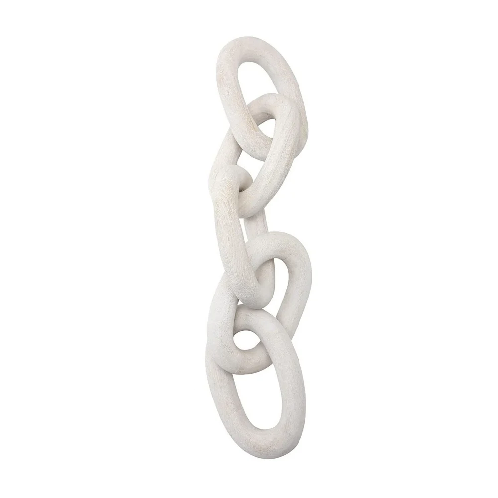 White wooden chain ornament standing upright with its links interlocking, on a white background