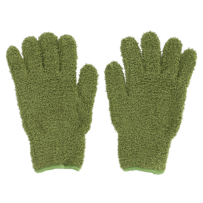 Pair of green microfibre plant dusting gloves side by side