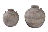 Volterra terracotta pot in sandwash, large and small sizes shown together